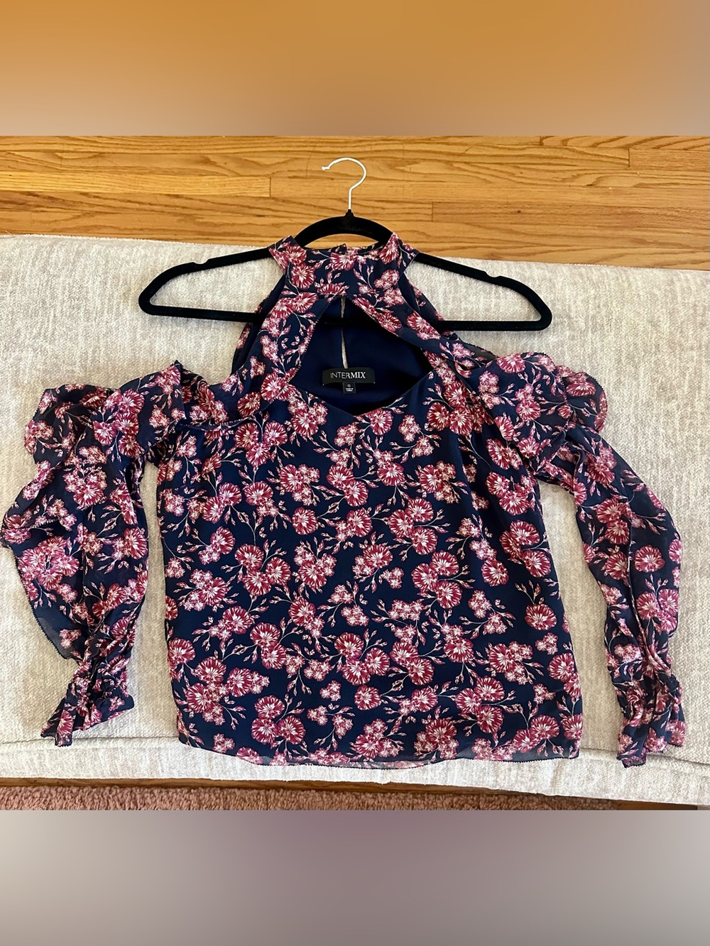 INTERMIX Navy Floral Silk Cold-Shoulder Halter Blouse